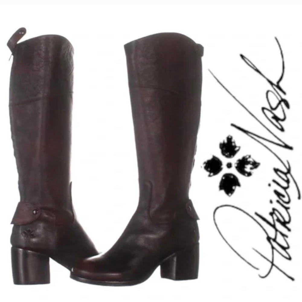 PATRICIA NASH Dark Brown Red Leather Loretta Tall Knee High Riding Heeled Boots